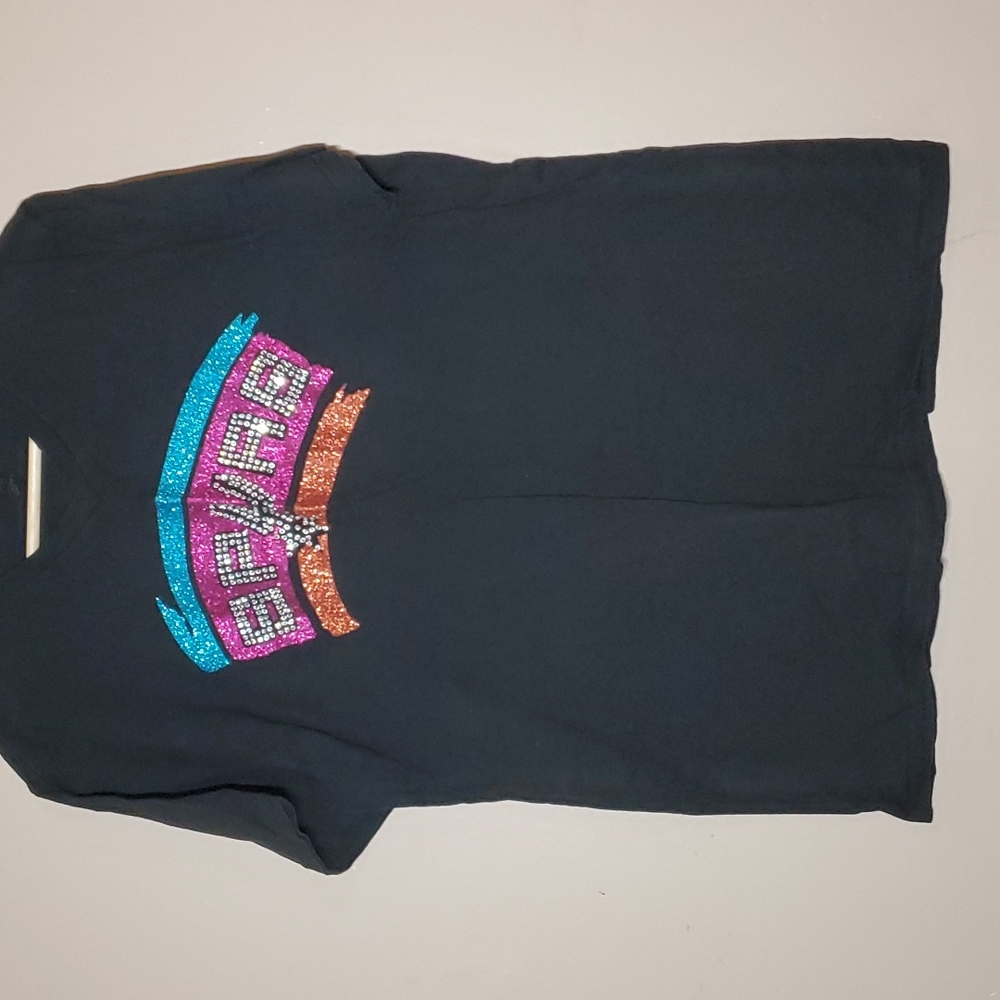Women's Black Graphic Tee with Multicolor Glitter Logo